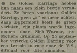 Sieb Warner new drummer The Golden Earring newspaper announcement August 16 1969
